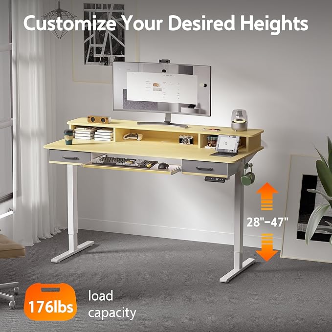 63 Inches Electric Standing Desk with Keyboard Tray Height Adjustable Sit to Stand Table with 2 Drawers Ergonomic Home Office Desk with Storage Shelf Computer Table Oak