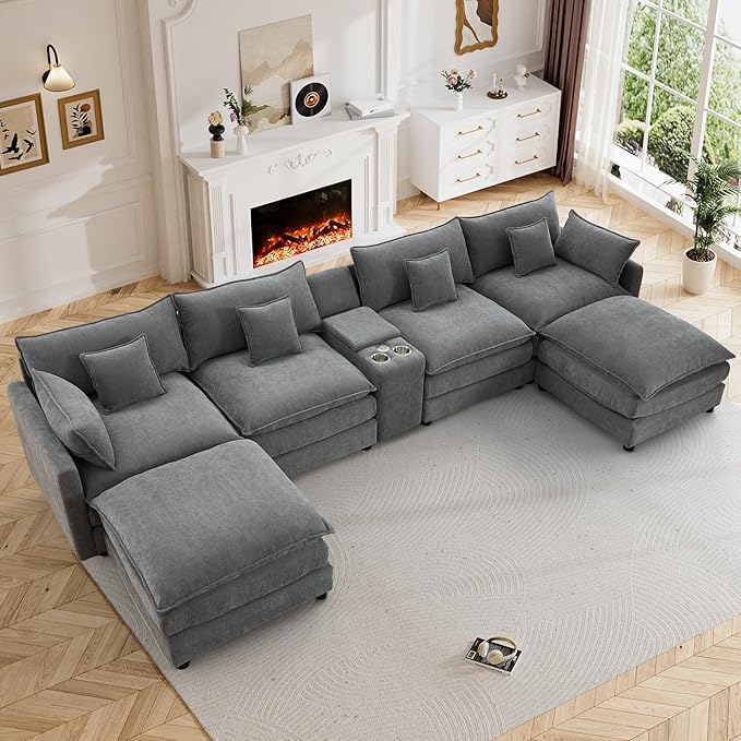 145 Cloud Couch Oversized U Shaped Grey Sectional Couches for Living Room Big Soft Comfy Fluffy Chenille Couch Sectionals Modular Sectional Sofa with Ottoman &amp Central Console