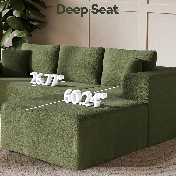 106 Modular Sectional Sofa Green Wool Cloud Couch with Left Chaise Deep Seat Boneless Floor Sofa for Living Room High-Resilience Foam Support No Assembly Required Includes Pillows | Sectional So