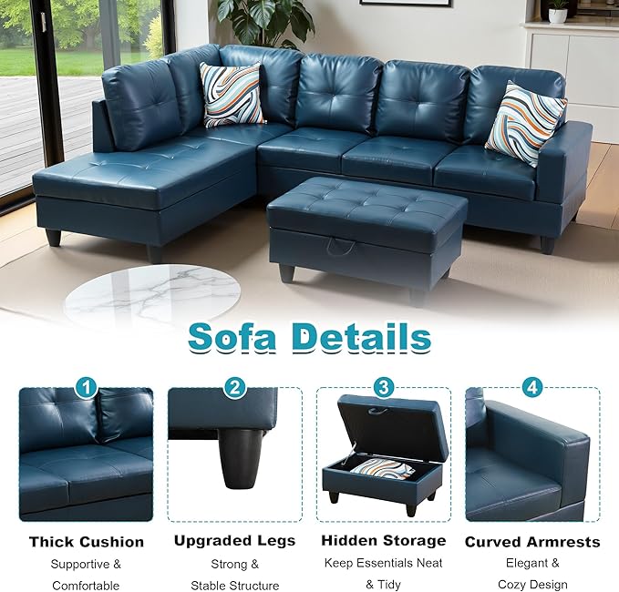 103.5 Oversized Sectional Couch L Shaped Couch with Storage Ottoman Modern Modular Sofa with Deep Seat Sectional Couches for Living Room and Office Peacock Blue (PU Leather)