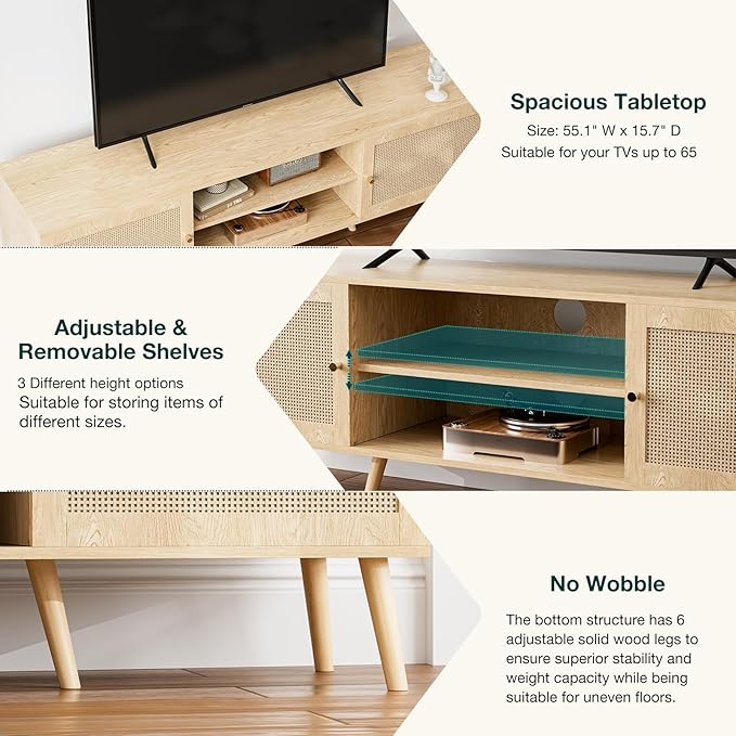 TV Stand for TVs up to 65'' Entertainment Center With Rattan Door Shelves &amp 2 Cabinets Long Boho Media Console for Living Room Natural