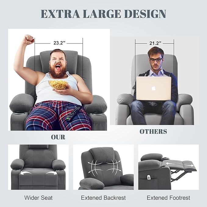Oversized Swivel Rocker Recliner Chair with Heat and Massage Big Large Recliner Chair for Living Room 360 Degree Swivel Rocking Single Sofa with Cup Holders and USB Port (Fabric Darkgrey)