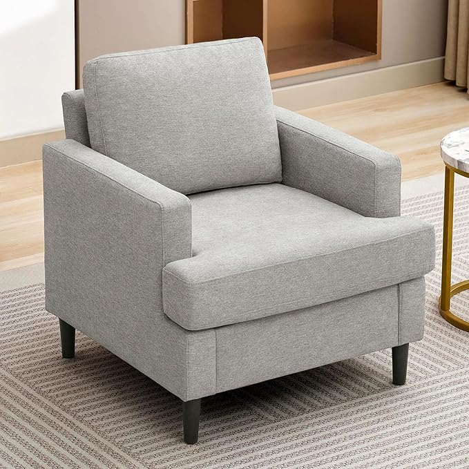 Mid-Century Accent ChairModern Linen Fabric Armchair for Living RoomComfy Upholstered Reading Accent Chairs for BedroomSingle Sofa Chair with Wood Legs (Light Grey 1 Pack)