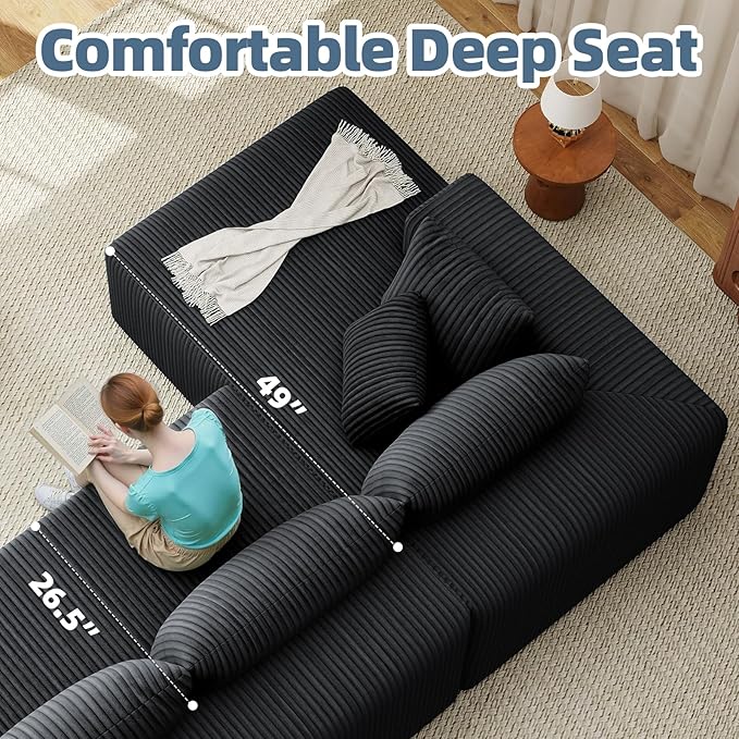 Cloud Couch U-Shaped Sectional Sofa 134'' Modular Boneless Couches for Living Room Corduroy Deep Seat Sofa with 2 Chaise Lounges and 1 Loveseat 30D High-Resilience Foam No Assembly Black