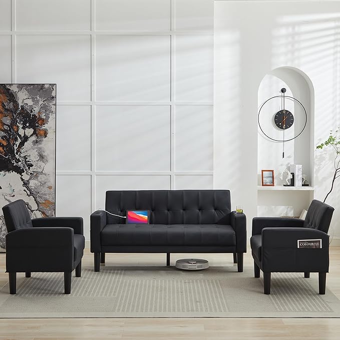 TYBOATLE Sofa Couch 62 W Loveseat w/ 2 USB Charger Ports &amp 2 Cupholders Mid-Century Modern Tufted Small Love Seat Couches for Office Living RoomBedroomApartmentDorm (3 Black)