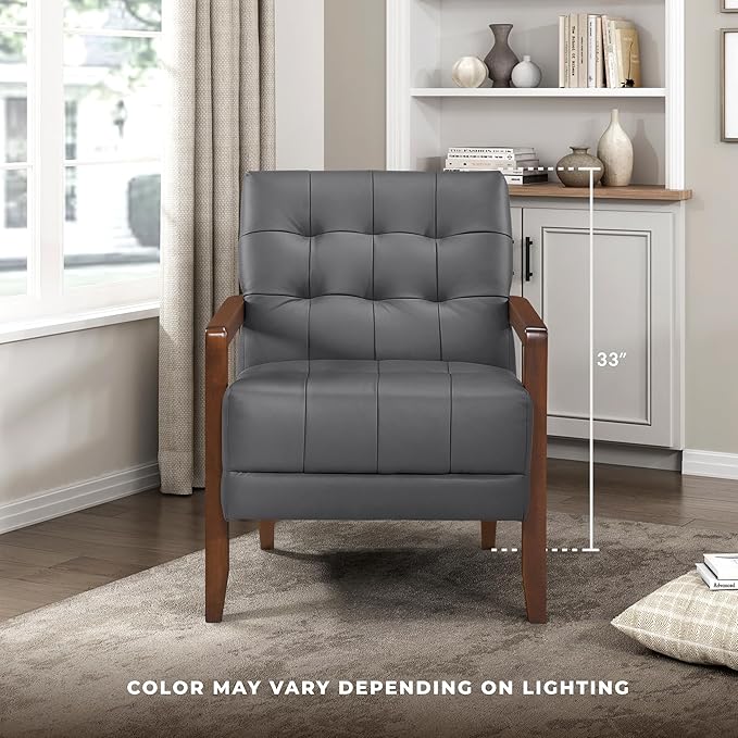Lexicon Modern Accent Chair Luxury Genuine Leather Match Living Room Chair with Tufted Cushions Solid Wood Frame and Arm Rest Comfy Upholstered Single Seat for Bedroom/Reading/Office Dark Gray