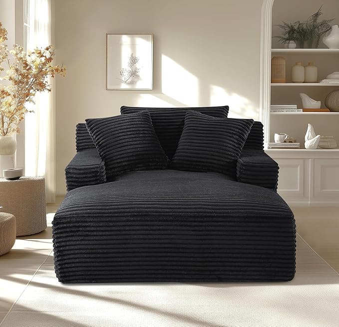 Container Furniture Chamden Oversized Chaise Lounge Chair Modern Corduroy Sofa Bed with Full Foam Cushioning Cozy Convertible Sleeper for Living Room or Bedroom Black