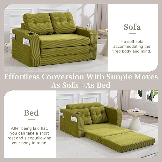 40 Folding Sofa Bed 2 in 1 Convertible Futon Sleeper Chair with Armrest &amp Backrest Comfy Chenille Cloud Floor Couch Single Sofa Chair Lounge for Living Room Bedroom (Z-Olive)