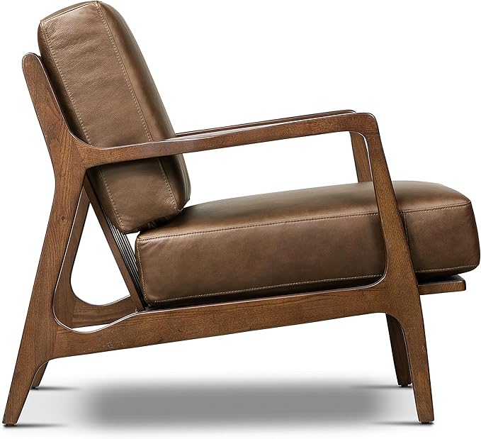 Poly &amp BARK Verity Leather Accent Chair – Armchair with Walnut Wood Frame – Fashion-Forward Lounge Seating for Living Room – Upholstered in Cocoa Brown Leather for Modern Style