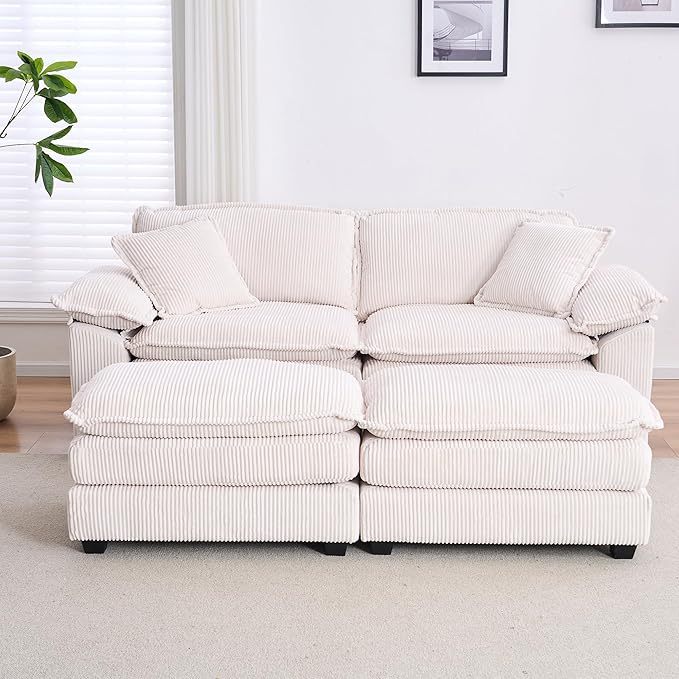 Corduroy Modular Cloud Sofa with Ottoman Comfy 2-Seater Sectional Loveseat Sleeper for Living Room Upholstered Deep Seat Modern Couch &amp 2 Throw Pillows and Detachable Armrest (Off White)