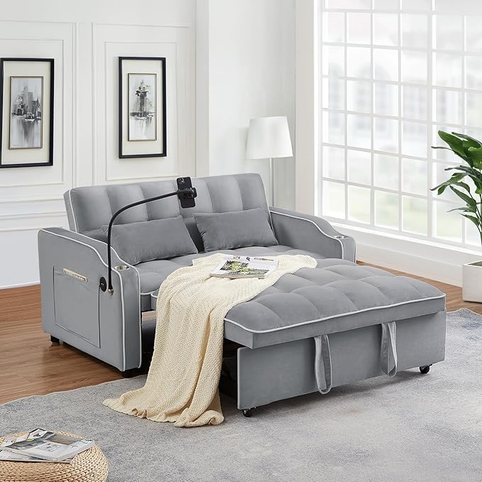 Pull Out Sofa Bed with Phone Holder Convertible Velvet Loveseat Sleeper with 2 USB Charging Ports Modern Futon Couch with Cup Holders and Adjustable Backrest Love Seat for Living Room Light Grey