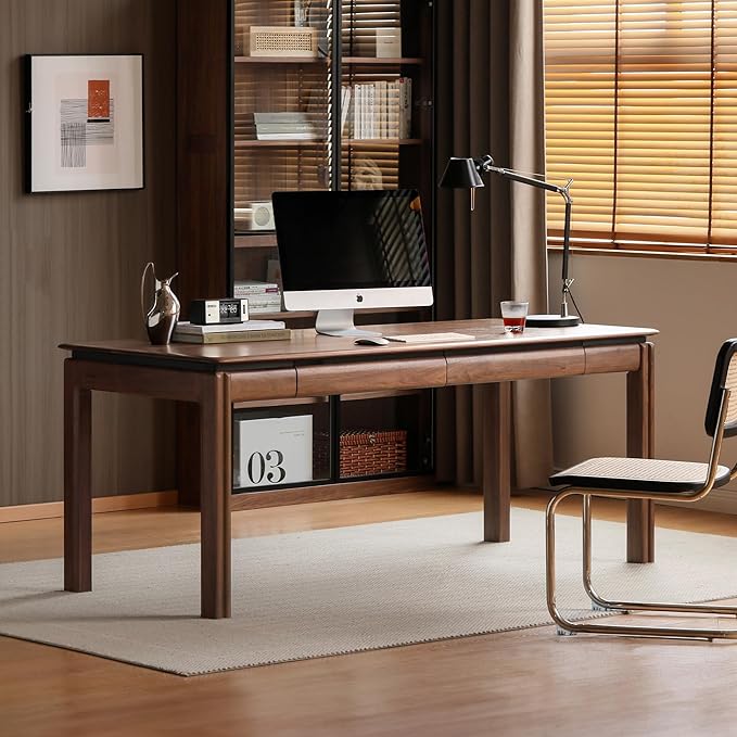 YESWOOD 100% Solid Wood Desk Mid Century Modern Walnut Color Home Office Desk Sturdy Computer Desk Writing Desk with 2 Drawers for Study Living Room 55.11 W