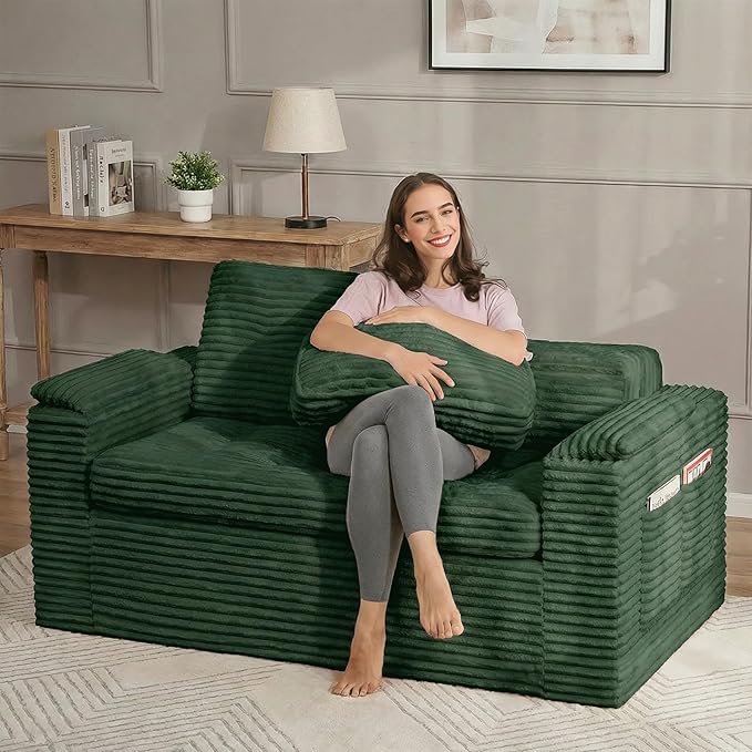 60in Loveseat Sofa Boneless Cloud Couch Sofa for Living Room 2 Seater Modern Lounge Sleeper Couch with Removable Cover Corduroy with Armrest Seat Cushion &amp Pillows for Small Spaces Green