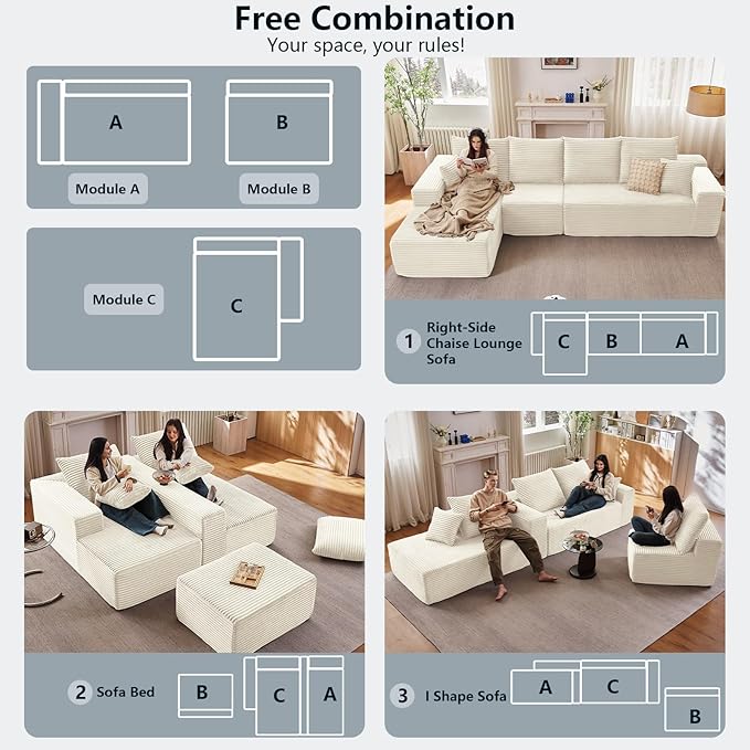 135.5 Cloud Sectional Couch with L-Shape Chaise Corduroy Boneless Couch for Living Room Modern Memory Foam Sofa with Deep SeatNo Assembly Required(WhiteLeft Facing Chaise)