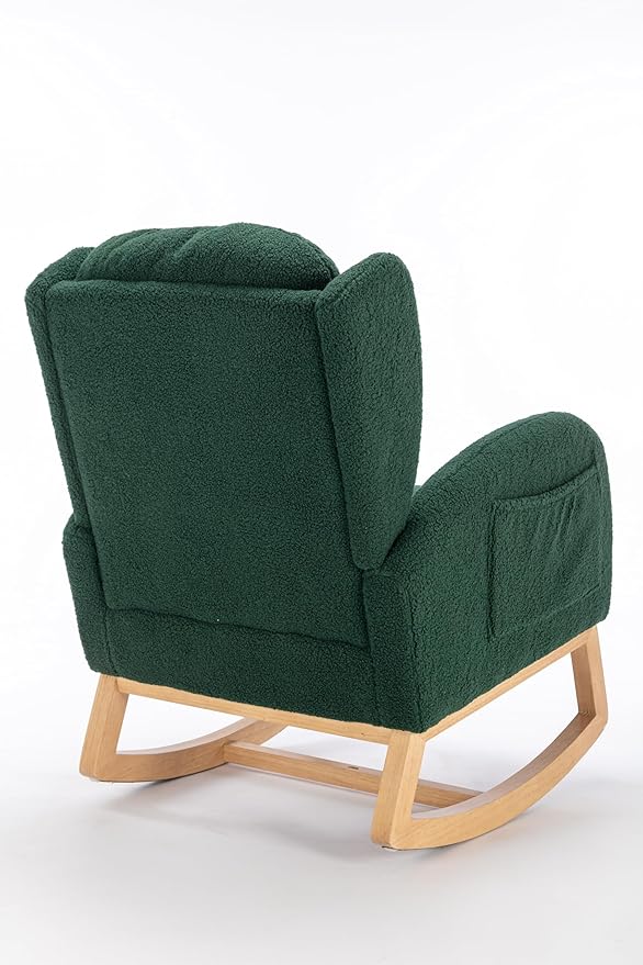 Green Teddy Fabric Rocking Chair with Wooden Legs Comfortable Armchair for Living Room Bedroom Lounging