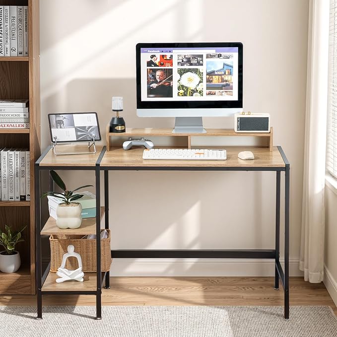 47-inch Computer Desk with Storage Shelf - Natural Wood Ideal Gaming Desk for Bedrooms Small Spaces and Home Offices Modern Writing Desk for PCs.