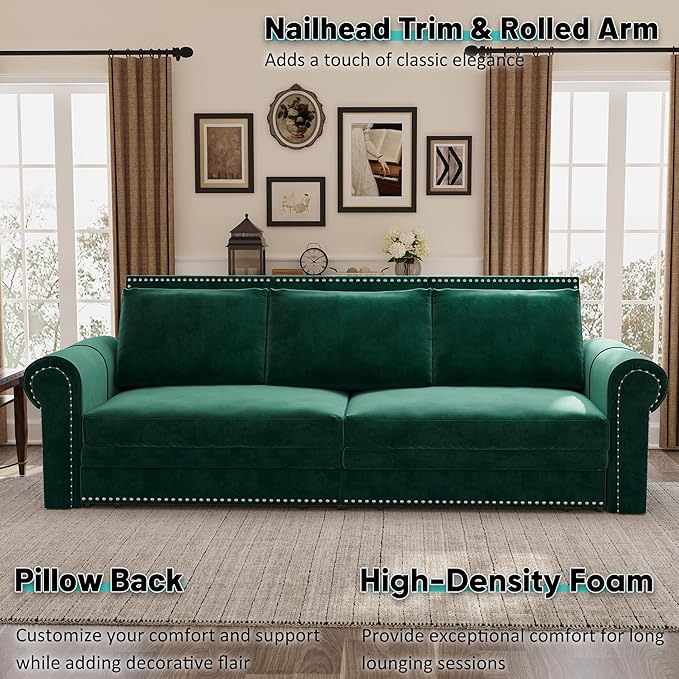 JOYBASE Pull Out Sofa Bed King-Size Convertible Sleeper Sofa Modern 3-Seater Velvet Couch with Nailhead for Living Room Office Apartment (Green)