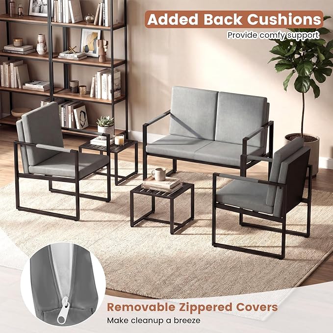 KOMFOTT Metal Frame Accent Chair Set of 2 Faux Leather Modern Industrial Single Sofa Chairs with Upholstered Cushions Armrests Comfy Armchair for Living Room Home Office Reception (Grey)