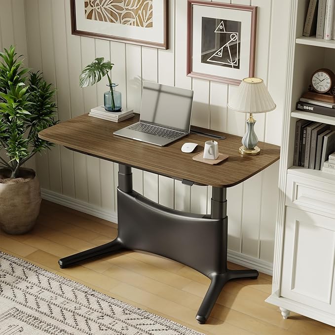 COLAMY Electric Adjustable Standing Desk – 48 x 28 Inch Sit Stand Desk with Drawer &amp Cable Management Dual Motor Lift System Ergonomic Footrest Home Office Table (MFC Desktop Walnut + Black)