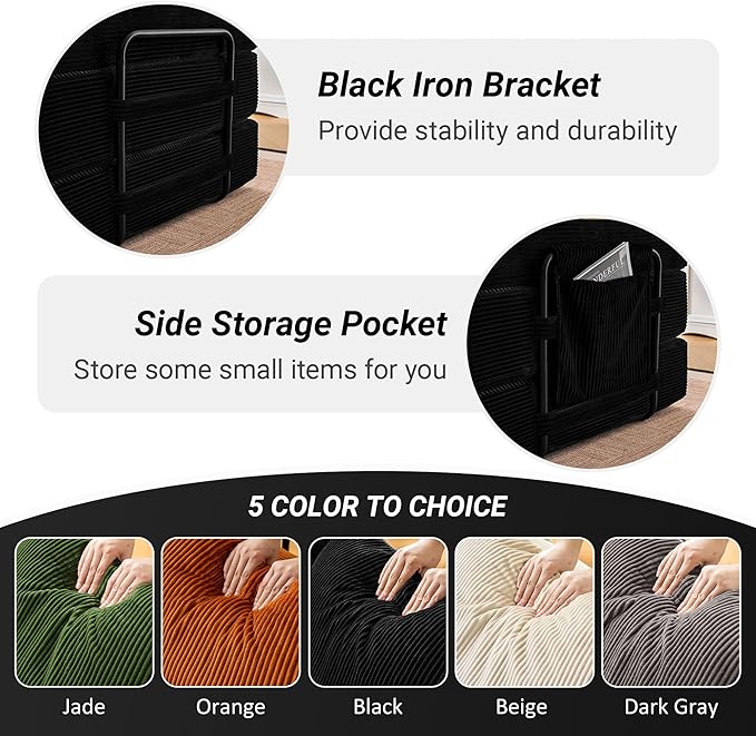 79 Convertible Sleeper Sofa Bed Oversized Corduroy Floor Couch with 2 Pillows Pull Out Memory Foam Mattress Guest Bed High-Density Sleeper Loveseat for Living Room Apartment [Black]