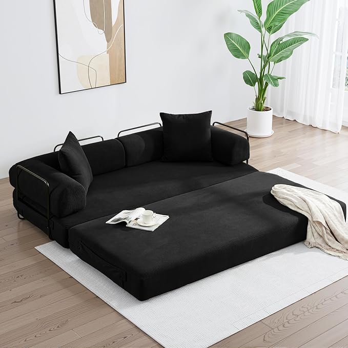79 Inch Convertible Sleeper Sofa Bed 5 in-1 Boneless Floor Couch Bed with Fixed-Shape Frame Modular Floor Sofa Futon Couch for Living Room RV Studio Bedroom Small Spaces Black
