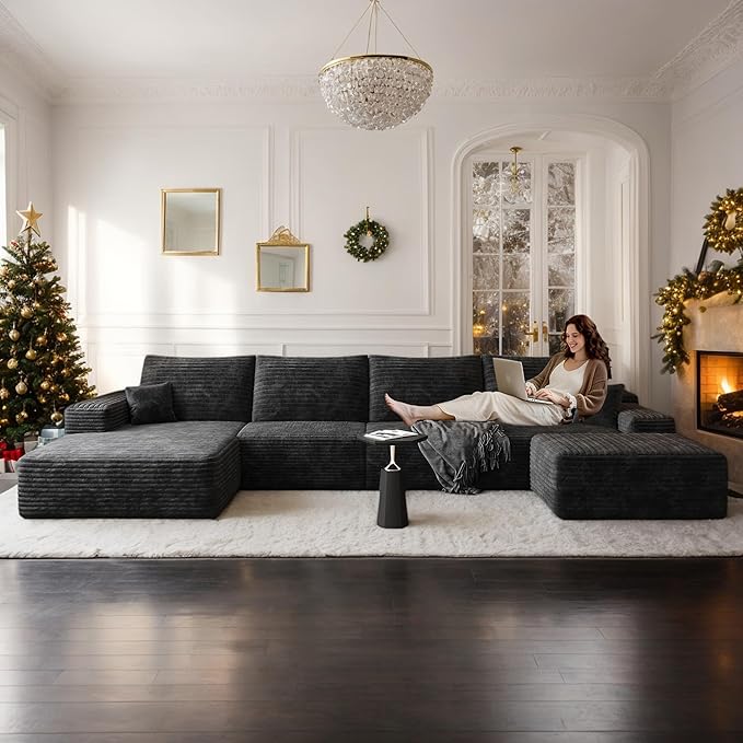 135 Corduroy Boneless Sectional Couch with Chaise &amp Ottoman No Assembly Required U Shaped Modular Sectional Sofa Boneless Couches for Living Room (Black 4 Seater+Left Facing Chaise+Ottoman) |