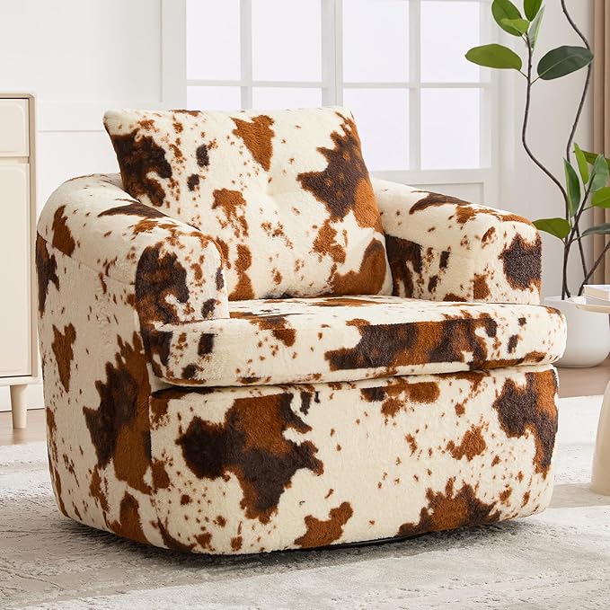 360° Swivel Barrel Accent Chair 36.6 Swivel Round Sofa Chair with Dual-Layer Cushion Design Modern Upholstered Single Sofa for Living Room Bedroom Office and Hotel (Beige&ampBrown 121)