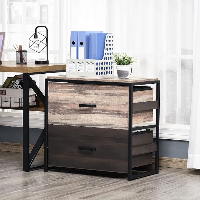 Office File Cabinet with 2 Large Drawers and Adjustable Metal Hanging Bars for A4 Files Small Filing Cabinets Under Desk StorageMulticolor