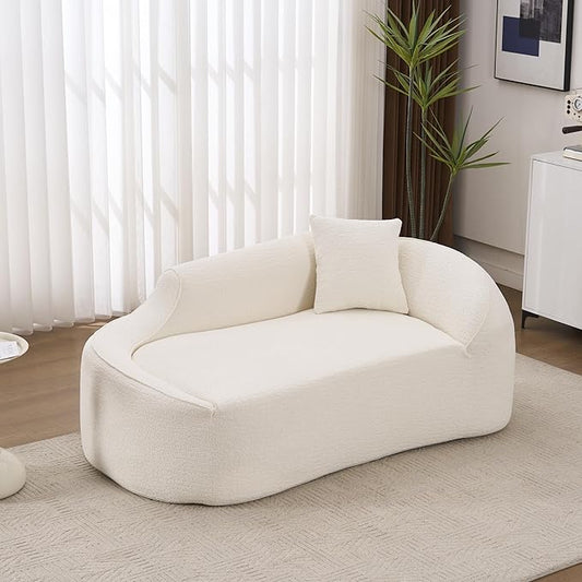 68 Curved Loveseat Sofa Modern Chenille Floor Couch with Pillow No Assembly Deep Seat Chaise Lounge for Bedroom Apartment Living Room Milky White