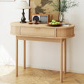 SoarFlash 39 Inch Small Computer Desk with Drawer Mid-Century Modern Writing Desk with Solid Wood Legs - Compact Home Office Desk &amp Makeup Vanity for Small Space Bedroom Study Table in Oak