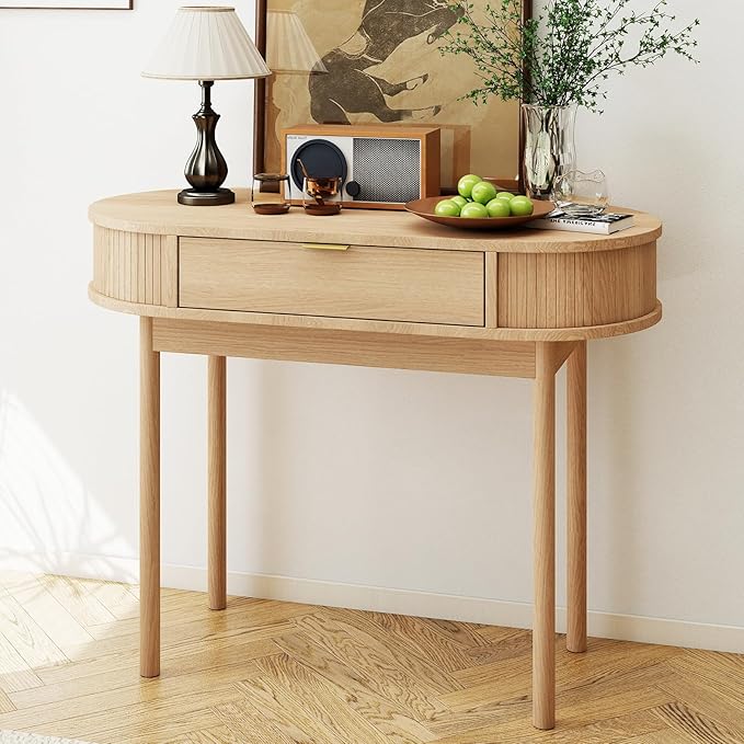 SoarFlash 39 Inch Small Computer Desk with Drawer Mid-Century Modern Writing Desk with Solid Wood Legs - Compact Home Office Desk &amp Makeup Vanity for Small Space Bedroom Study Table in Oak