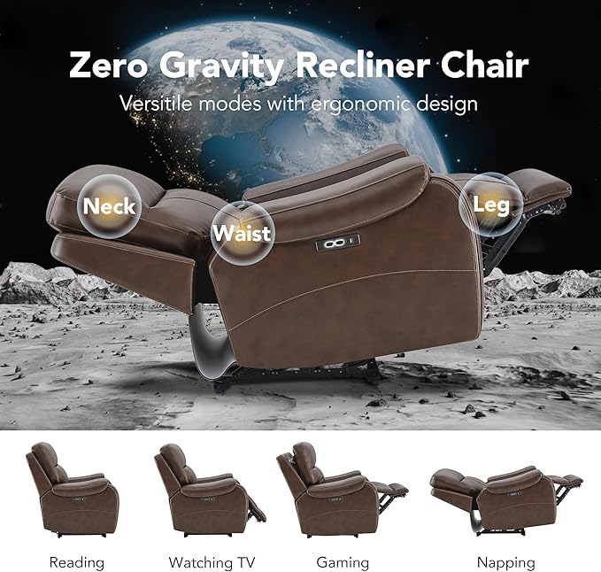 CHITA Large Power Zero Gravity Recliner Chair Genuine Leather Recliner Chair for Adults with Adjustable Power Headrest and Hidden Slide-Out Cupholders USB and Type-C Ports Dark Brown