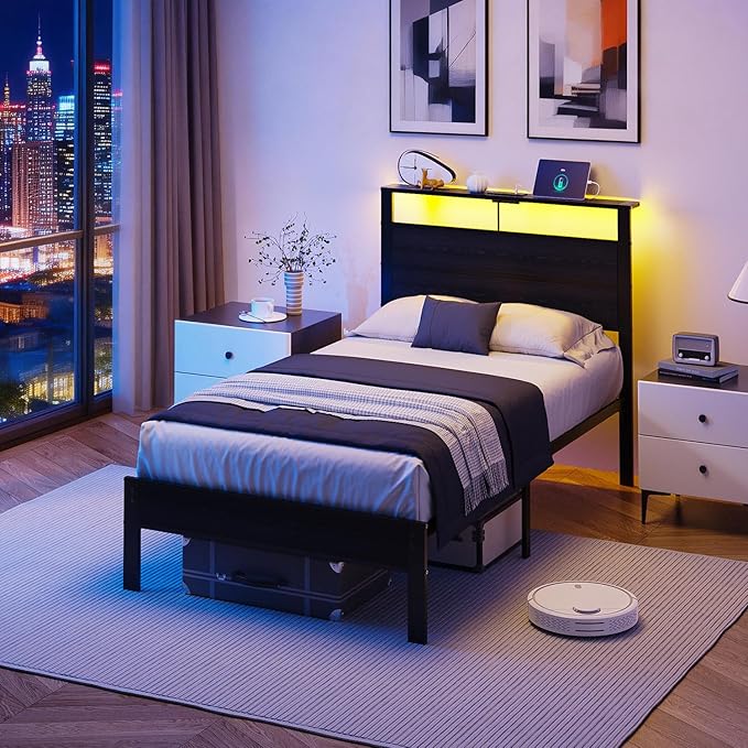 Twin Bed Frame with LED Lights &amp USB Charging Station Black Metal Platform Bed with Storage Headboard Under-Bed Space Noise-Free &amp Sturdy No Box Spring Needed Easy Assembly