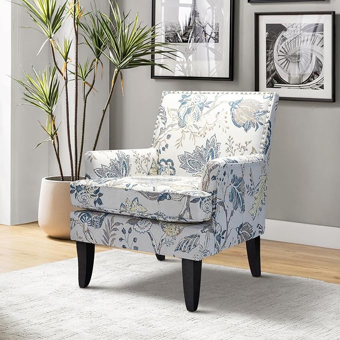 HULALA HOME Modern Accent Chair for Living Room Upholstered Fabric Single Sofa Chair Wingback Armchair with Wooden Legs for Bedroom Office Reading or Waiting Room Blue Yellow Floral