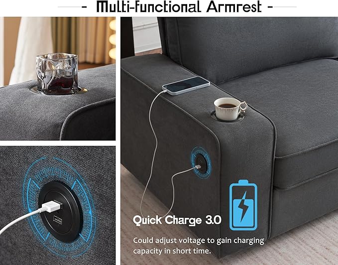 VanAcc Couch Sofa Chair with Storage Ottoman Modern Couch with Cup Holders &amp USB Charging Ports Deep Seat Sofa for Living Room(Charcoal Grey Chenille)