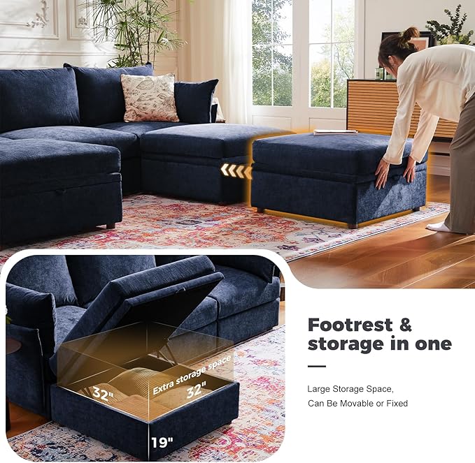 ABCASA 102.6 U Shaped Modular Sectional Sofa 5 Seater Couch with Storage Ottoman Deep Seat and High Backrest with Removable Cover for Living Room Apartment - Chenille Blue