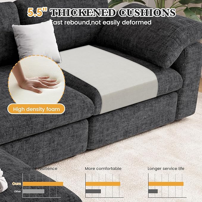 118 Oversized Modular Sectional Sofa L Shaped 3 Seaters with Storage Ottoman Cloud Couch Sofa Set Modern Convertible Chenille Deep Seat Sectional Couches for Living Room Black 1 PCS