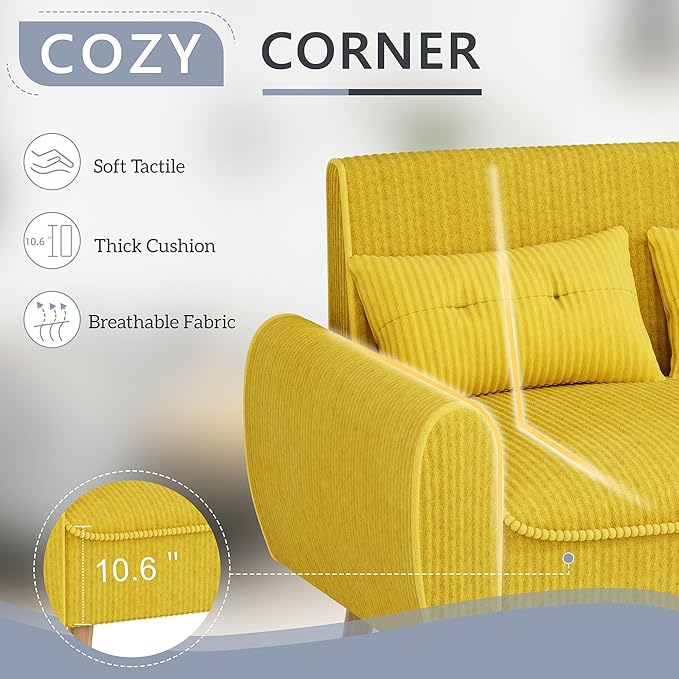 Shintenchi 47 Small Modern Loveseat Couch Sofa Fabric Upholstered 2-Seat Sofa Love Seat Furniture with 2 Pillows Wood Leg for Small Space Living Room Bedroom Apartment Yellow