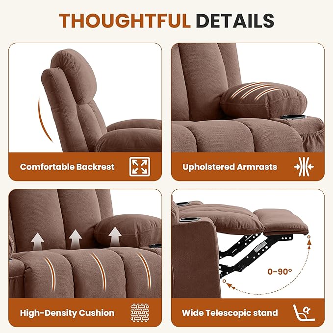 Swivel Rocker Recliner Chair with Vibration Massage and Heat for Living Roomwith Rocking Function and Side Pocket USB Charge Port2 Cup Holders