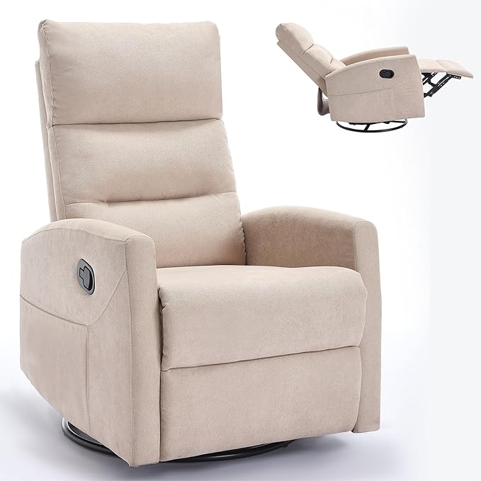 Slim Lazy Boy Recliners for for Adults Swivel Rocking Chair Recliner with High Back Small Recliner Chair for Small Spaces Manual Reclining Chair for Living Room Adjustable Footrest (Beige)