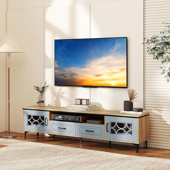Tangkula Farmhouse TV Stand for TVs up to 80” 71” Entertainment Center with 2 Drawers 2 Cabinets &amp Compartment with 7 Raised Metal Legs Wood Media TV Console Table for Living Room (Bluish Gray