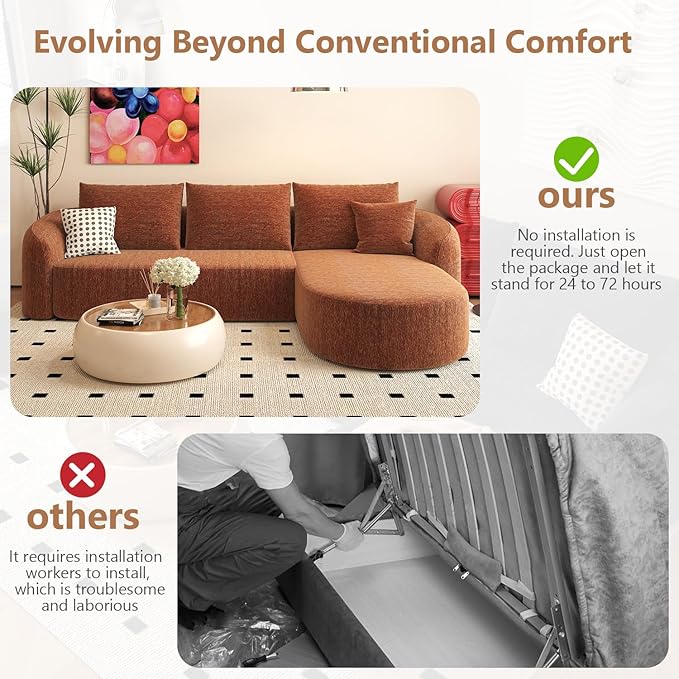 111 L Shaped Modern Modular Sectional Curved Sofa Minimalist Style Comfy Cloud Couch for Living Room Apartment No Assembly Required Boneless Couches (OrangeRight Facing Chaise)