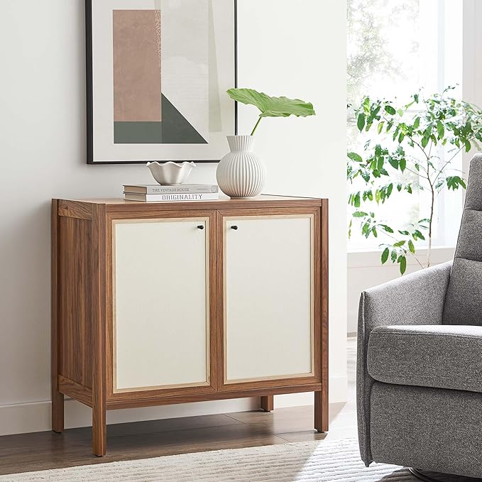 Modway Capri 33 Inch Sideboard Walnut Hallway or Entryway Storage Cabinet with Doors Mid-Century Modern Buffet Table or Credenza for Living or Dining Room