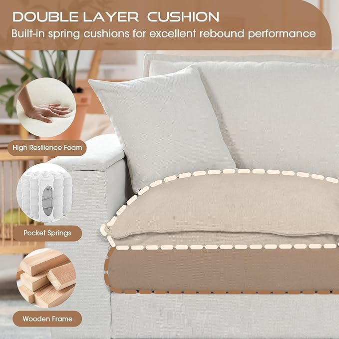 97 5 Seater L Shaped Couch Corner Sofa Oversized Cloud Couch with 2 Pillows Chenille Modular Sectional Sofa Armrests with Two Hidden Storage Space Sectional Couches for Living Room Beige