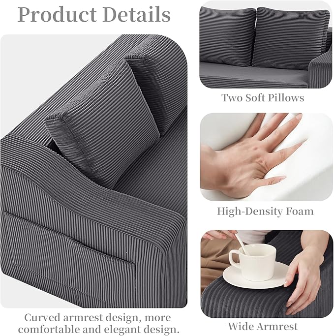 MeMoreCool Convertible Sofa Bed Pull Out Loveseat Sofa Sleeper Couch for Bedroom Living Room Lounge 2 in 1 Small Couch Bed with Pillow Foldable Love Seat Futon Corduroy Grey