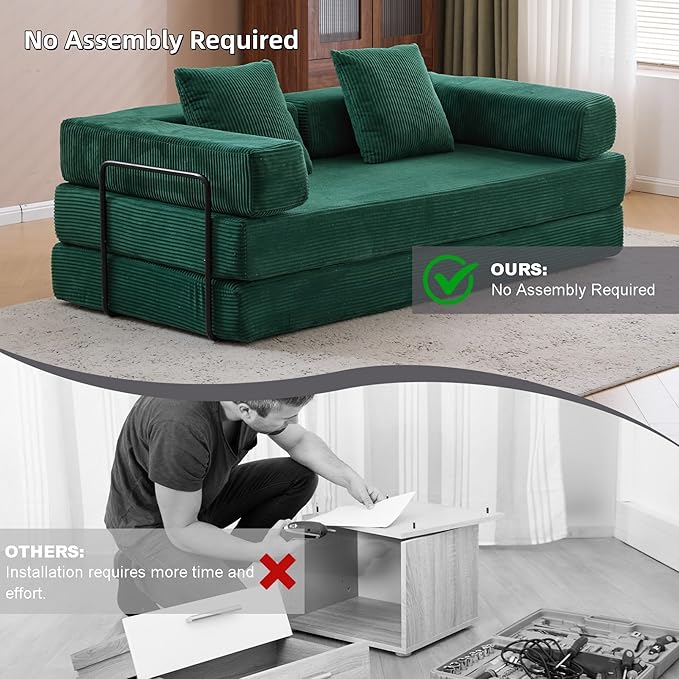 Convertible Floor Sofa Bed Fold Out Floor Couch with Pillow Back &amp Armrest Compressed Couch with Fixed-Shape Frame Corduroy Foldable Sleeper Sofa Bed for Living Room Bedroom Dark Green
