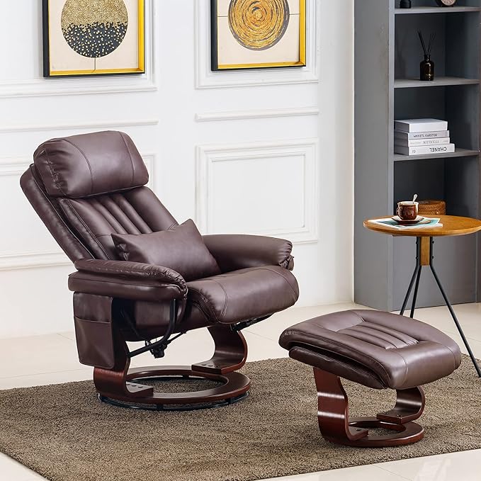 MCombo Swivel Recliner with Ottoman Faux Leather TV Chair with Vibration Massage Ideal for RV Small Space Living Room &amp Bedroom 4999 (Faux Leather Dark Brown)