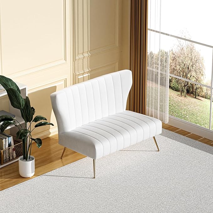 50’’ Velvet Modern Armless Loveseat for Living Room Bedroom Upholstered Small Wingback Couch Sofa with Gold Metal Legs &amp 2 Seater (White 50 Loveseat)