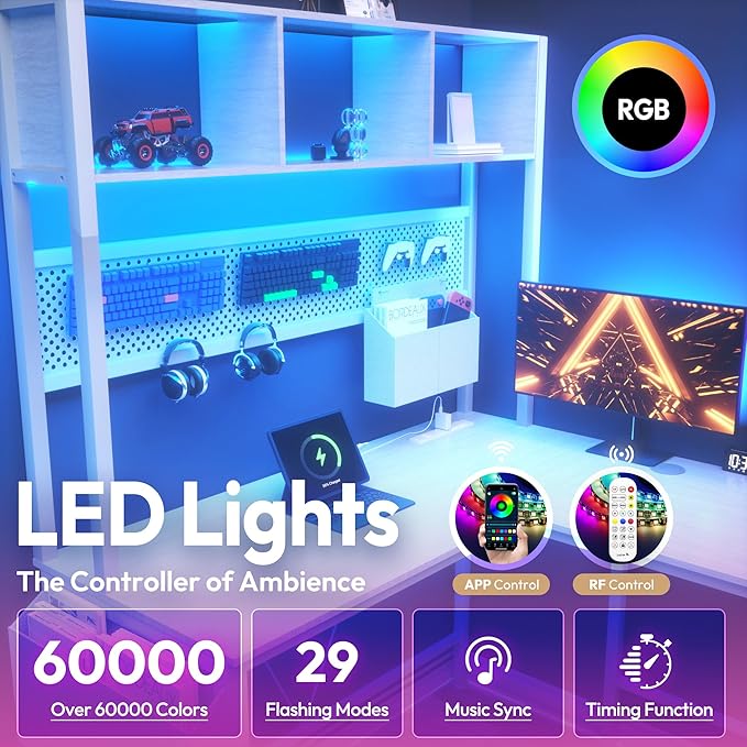 Dowinx 67” L-Shaped Gaming Desk with Pegboard &amp Drawers Reversible Computer Desk with RGB Lights &amp Power Outlets Corner Workstation with Storage &amp Hutch for Home Office &amp Gaming Whit