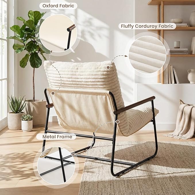 HOMPUS Modern Accent Chair 29'' Comfy Living Room Chair with Sturdy Metal Frame &amp Foam Cushion Soft Upholstered Armchair Small Sling Accent Chair for Bedroom Lounge Reading Room Off-White